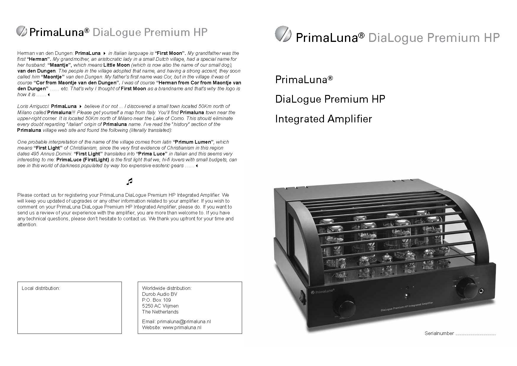 PrimaLuna DiaLogue Premium HP Integrated Amplifier User Manual - Norman Audio
