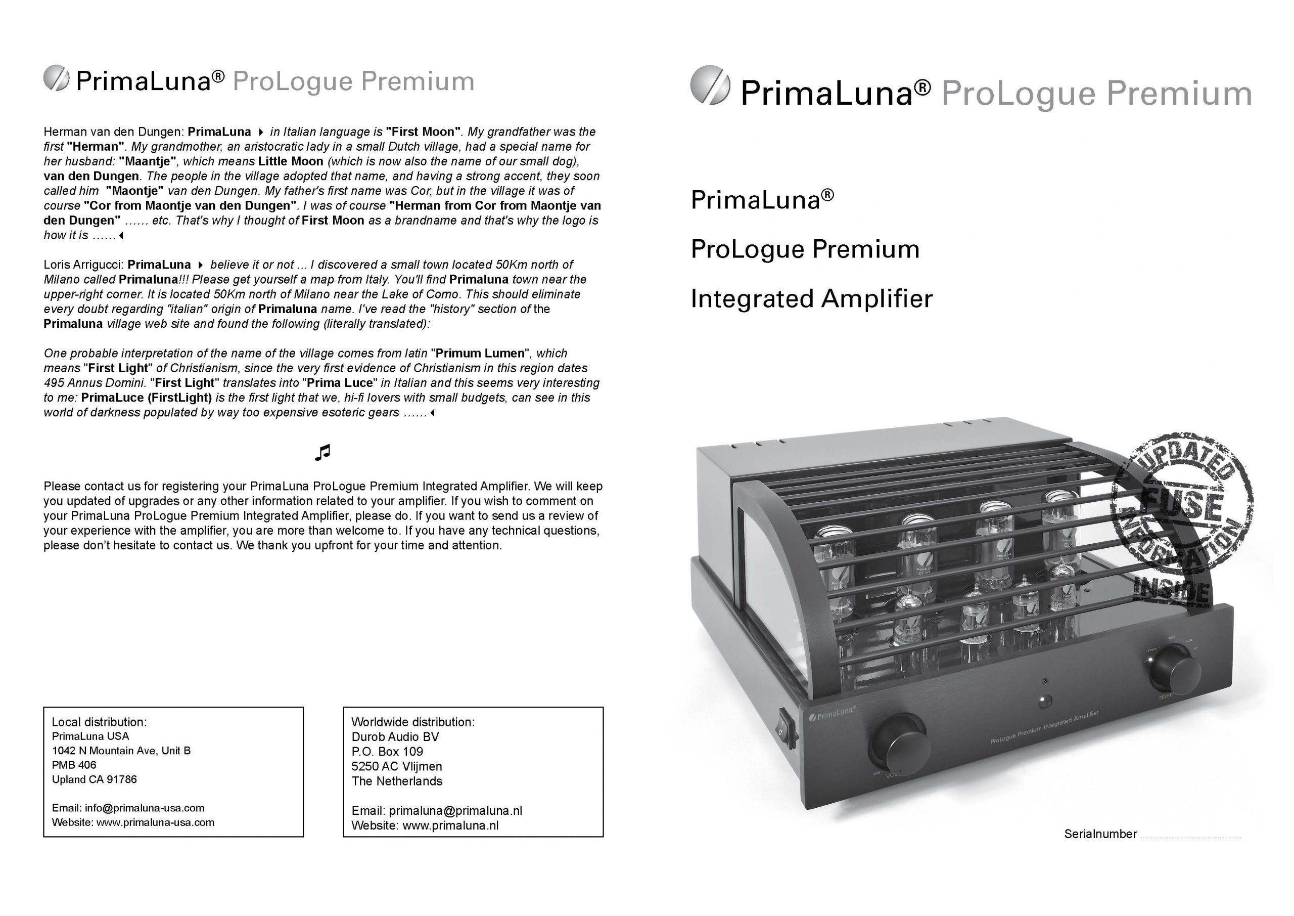 PrimaLuna ProLogue Premium Integrated Amplifier User Manual - Norman Audio