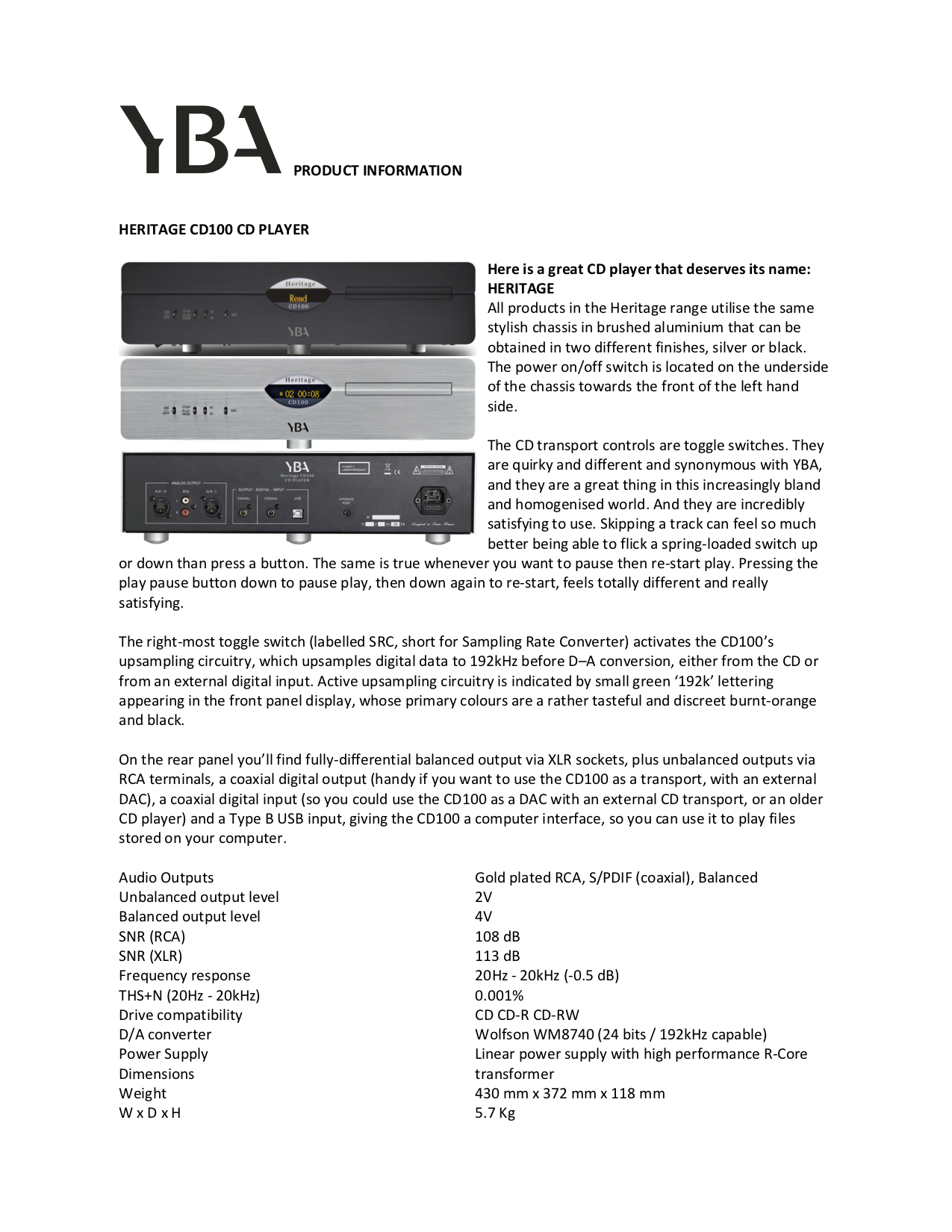 YBA Heritage CD100 Info Sheet - Norman Audio
