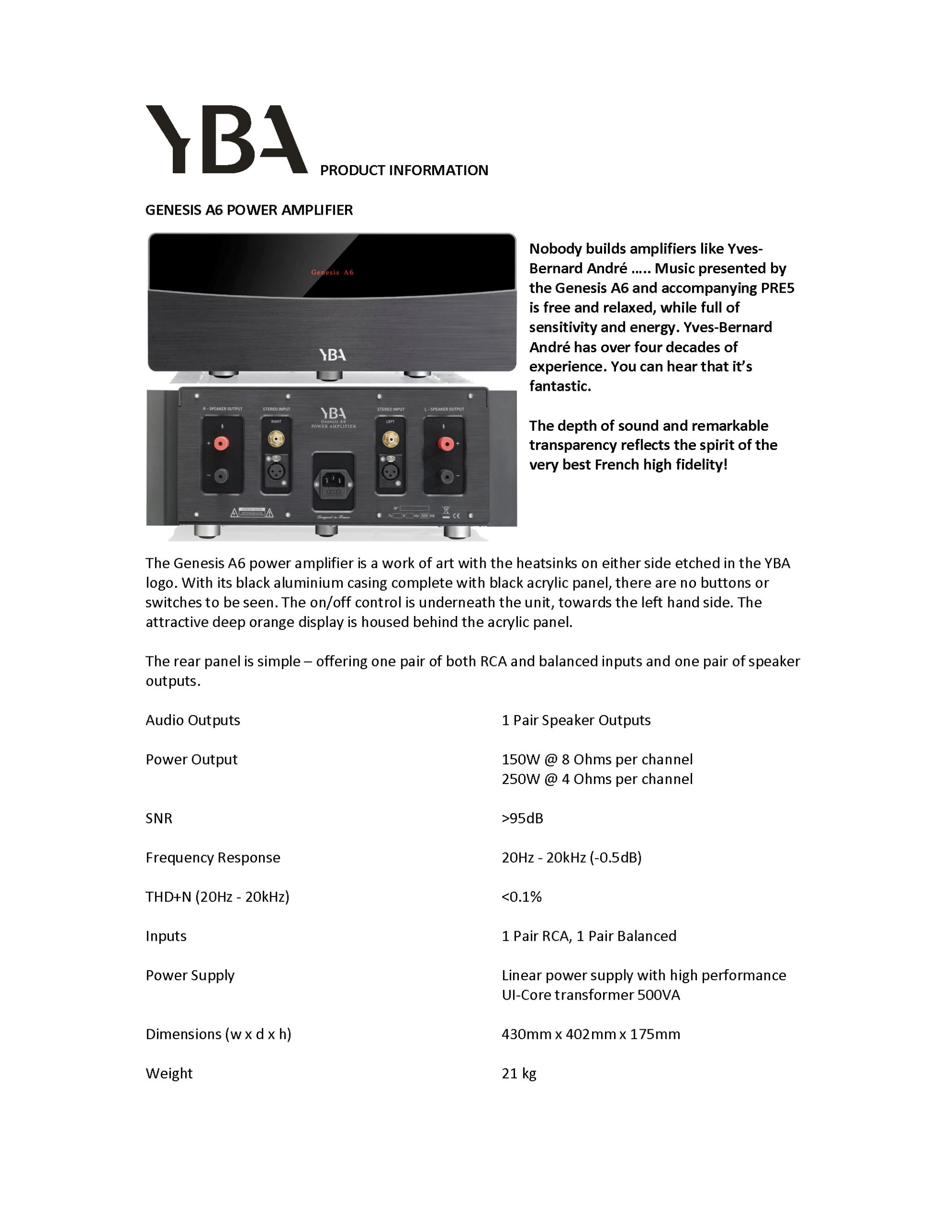YBA Genesis A6 Info Sheet - Norman Audio