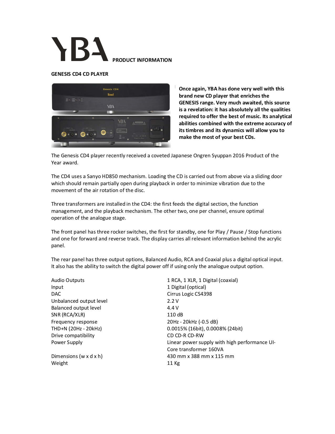 YBA Genesis CD4 Info Sheet - Norman Audio