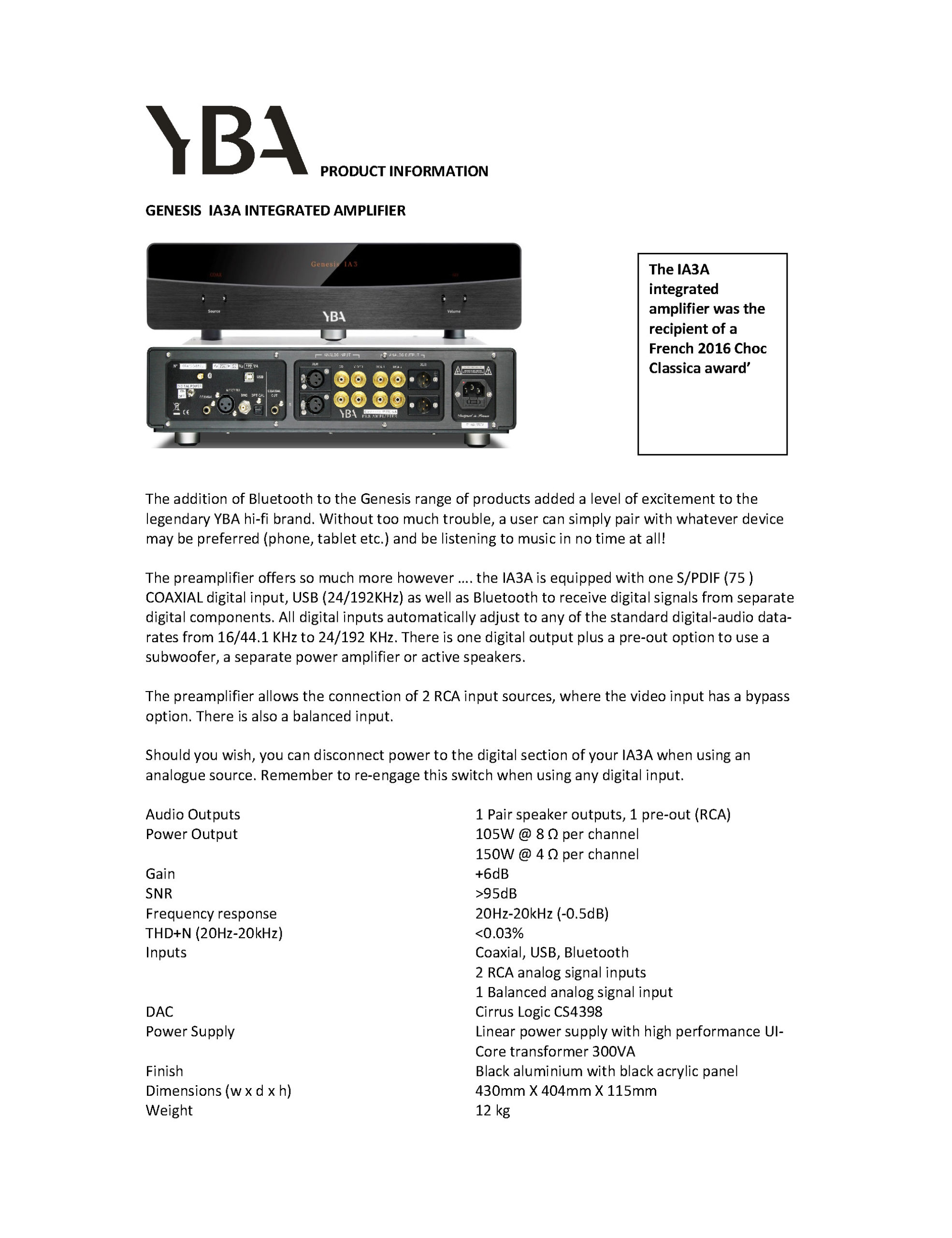 YBA Genesis IA3A Info Sheet - Norman Audio