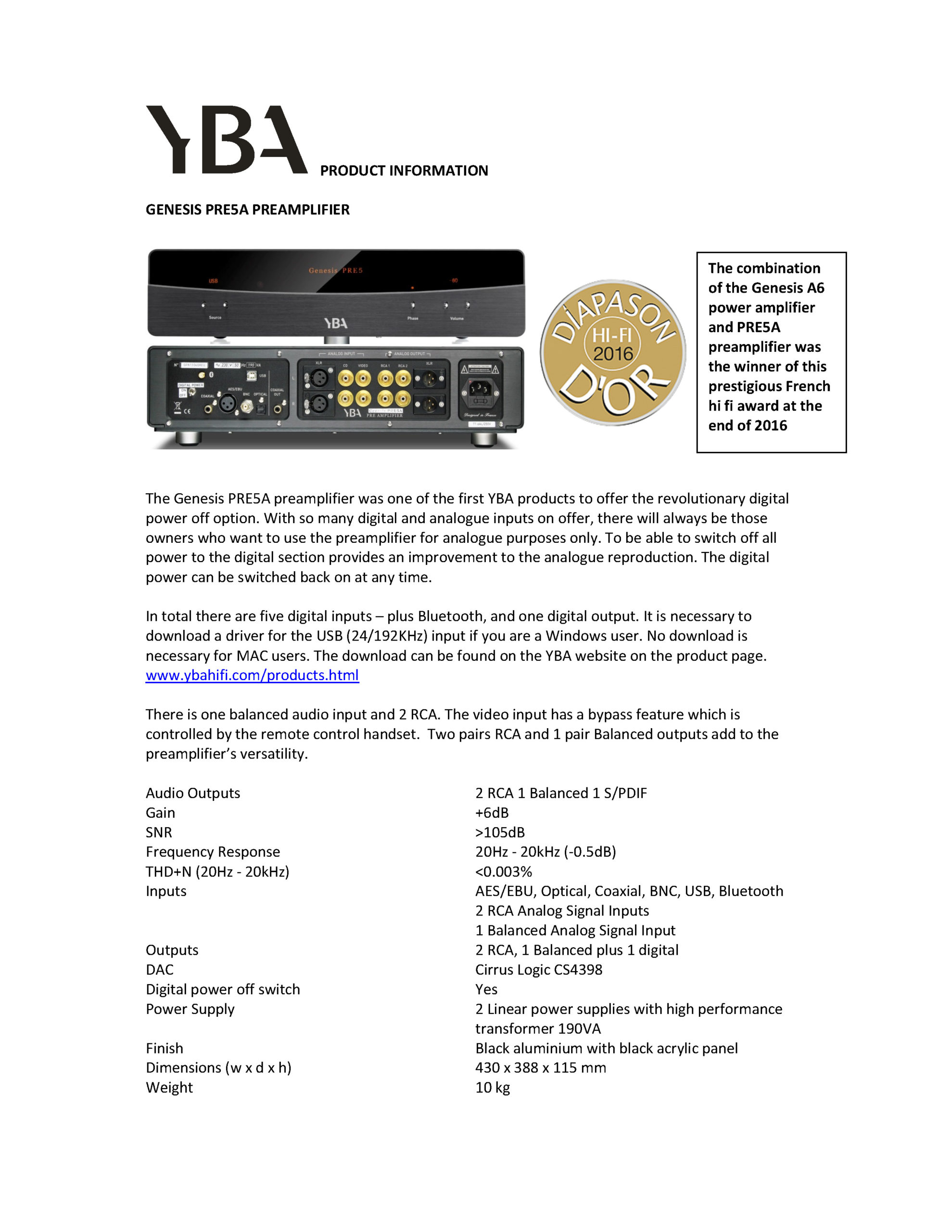 YBA Genesis PRE5 Info Sheet - Norman Audio