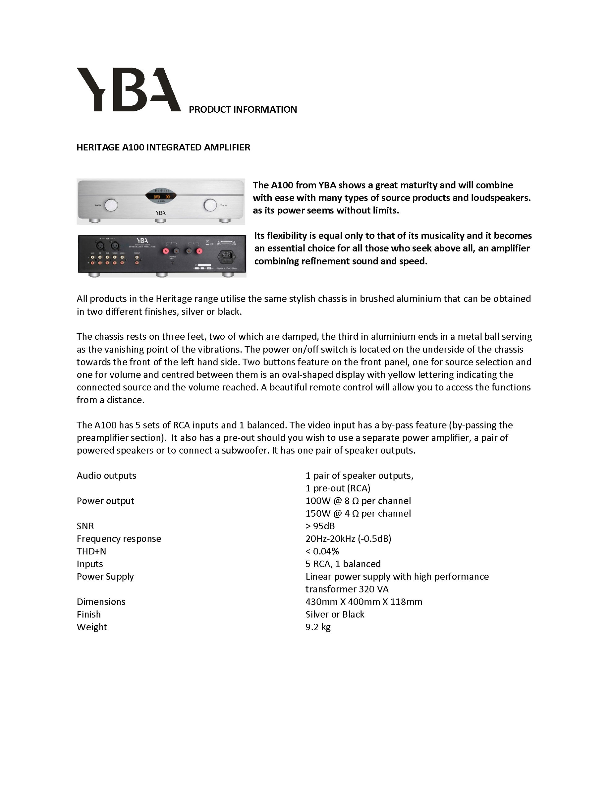 YBA Heritage A100 Info Sheet - Norman Audio