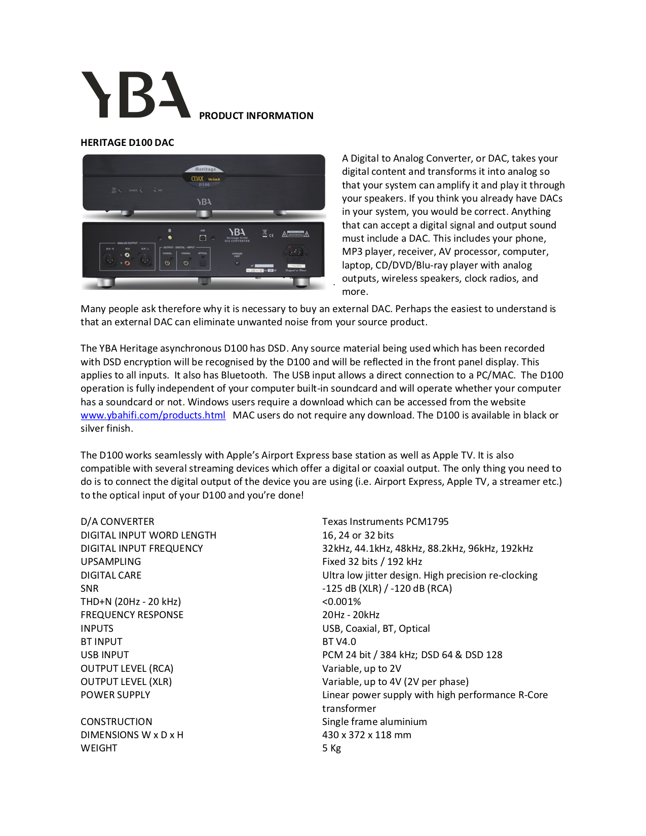 YBA Heritage D100 Info Sheet - Norman Audio