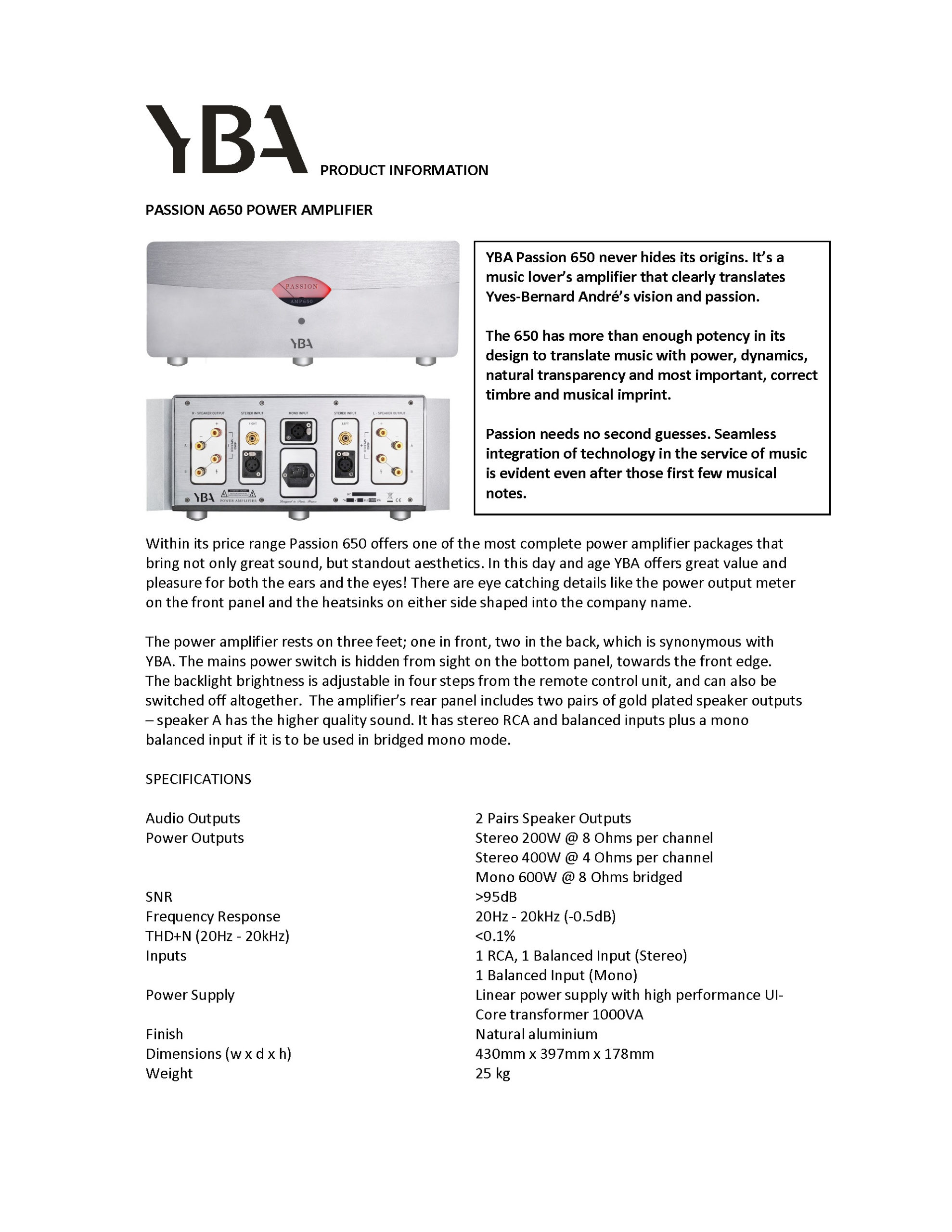 YBA Passion A650 Info Sheet - Norman Audio
