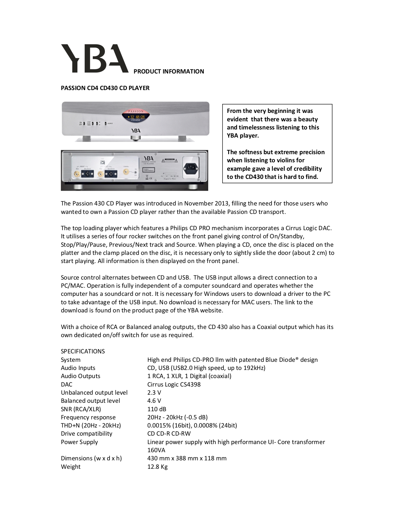 YBA Passion CD430 Info Sheet - Norman Audio