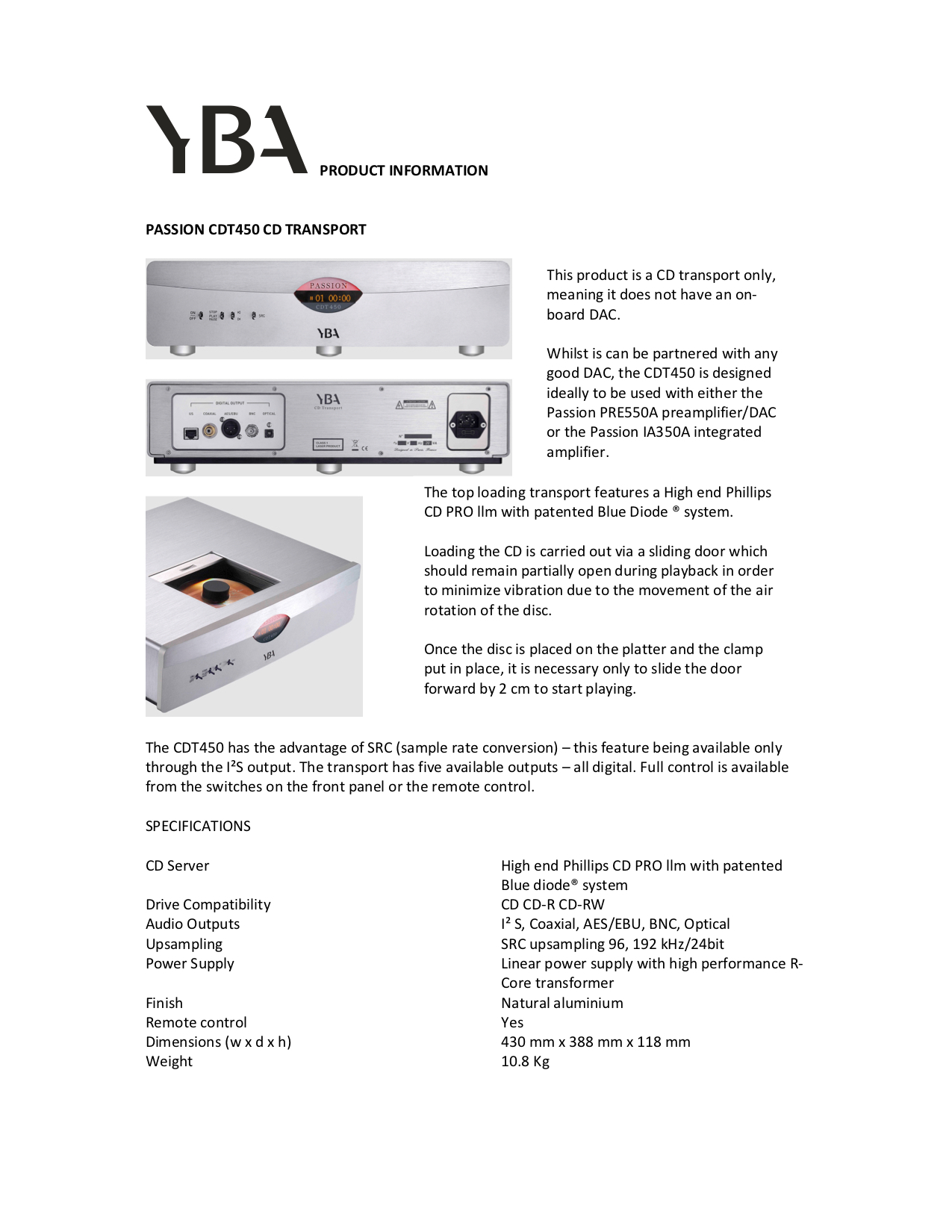 YBA Passion CDT450 Info Sheet - Norman Audio