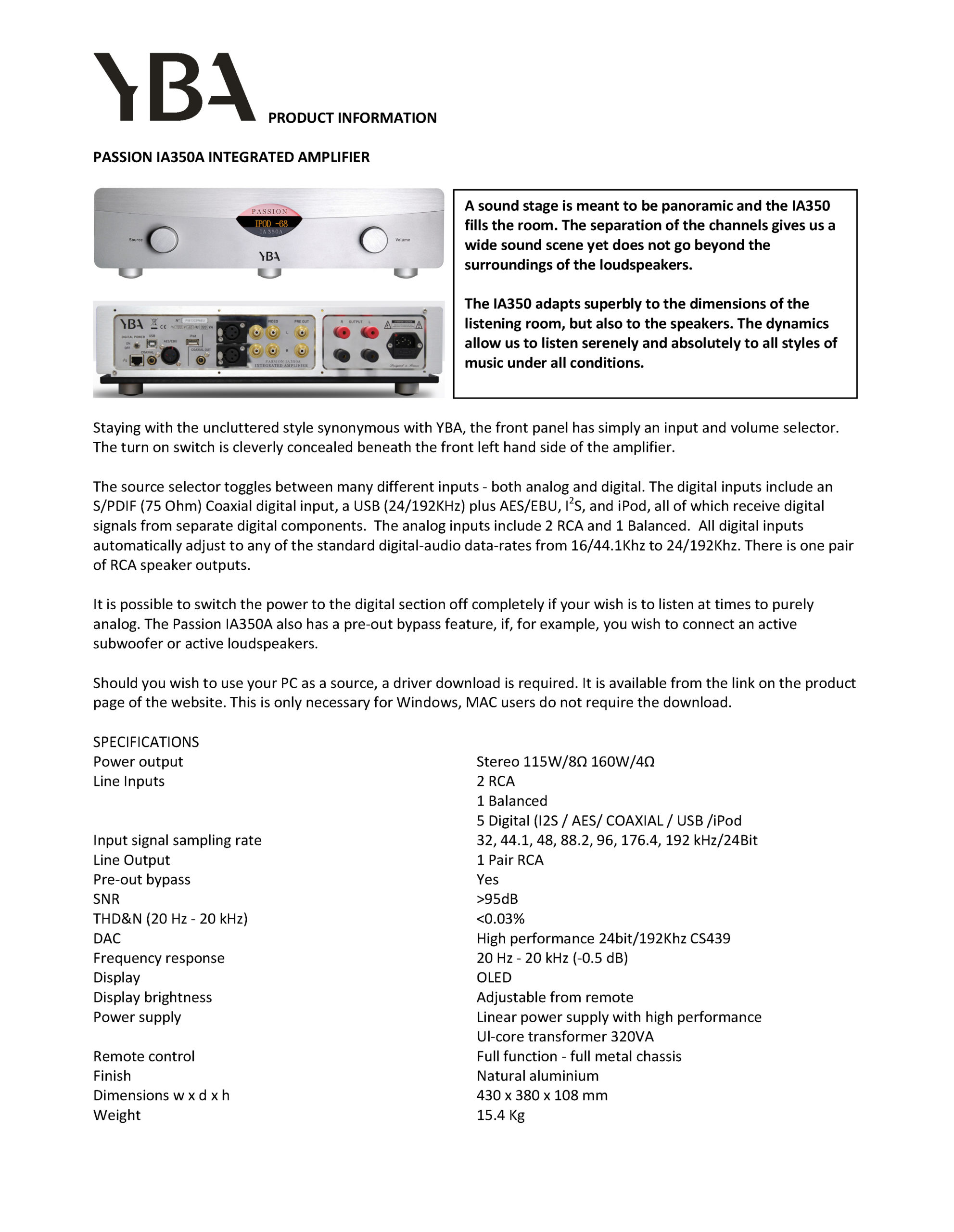 YBA Passion IA350A Info Sheet - Norman Audio