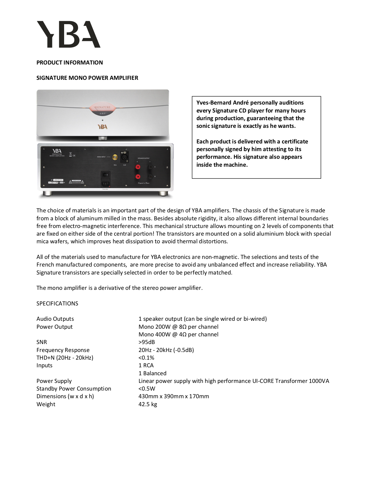 YBA Signature Mono Amplifier Info Sheet - Norman Audio