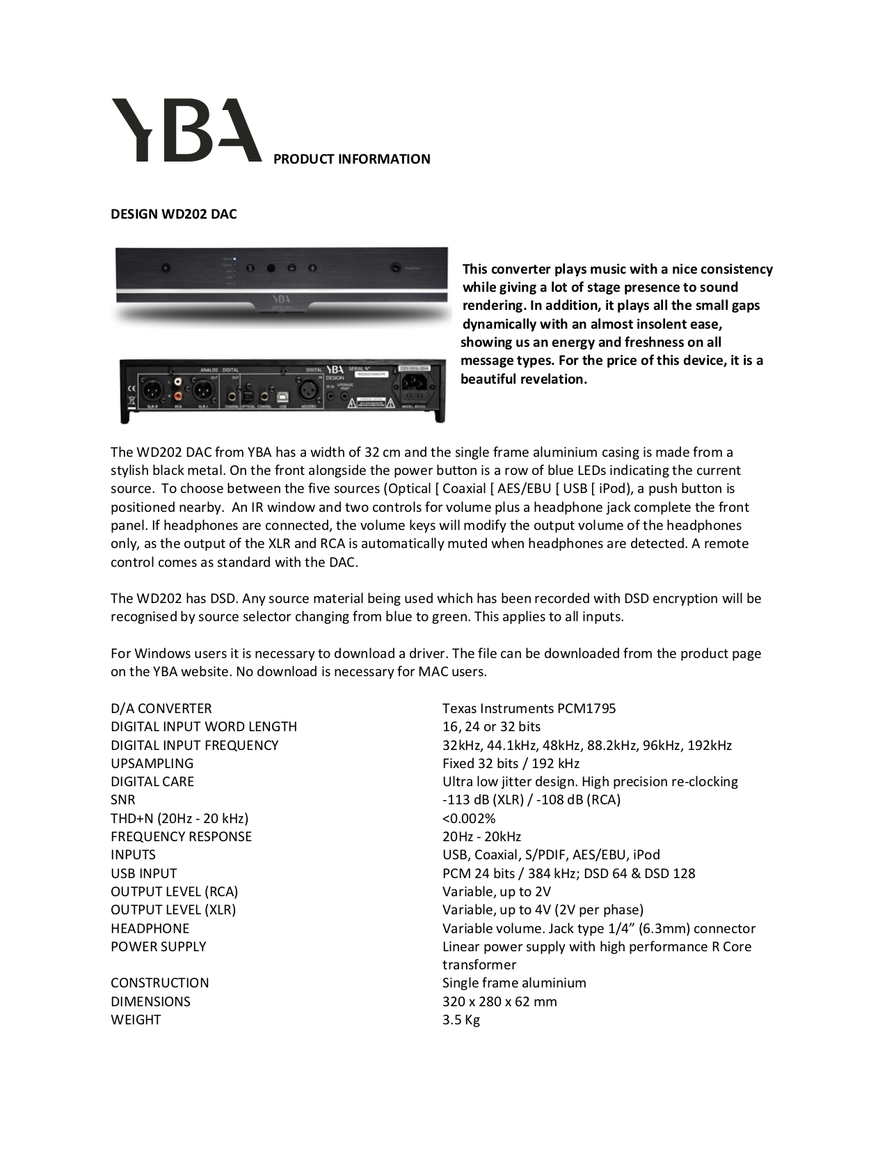 YBA WD202 Info Sheet - Norman Audio