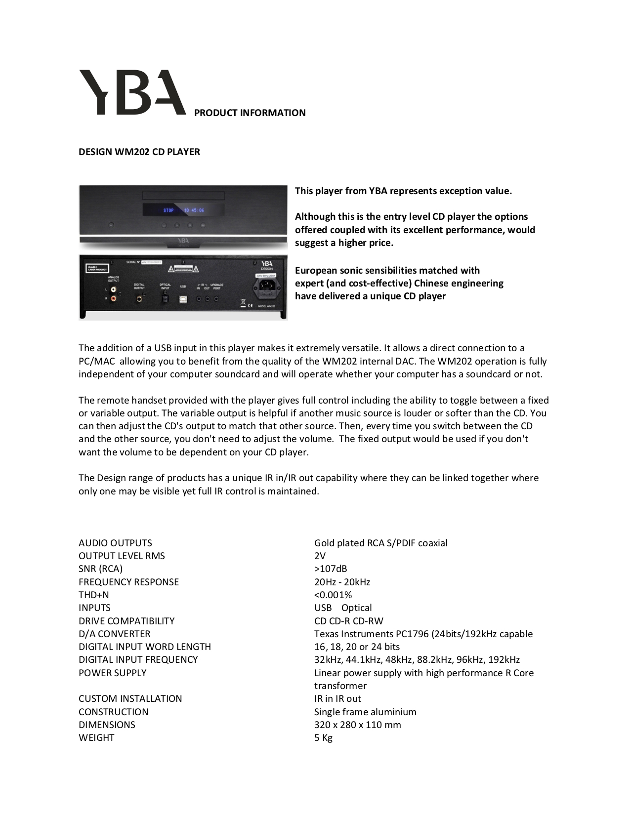 YBA WM202 Info Sheet - Norman Audio