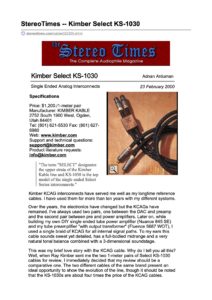 2000 - Stereo Times Review - Kimber Kable KS 1030 RCA Interconnect